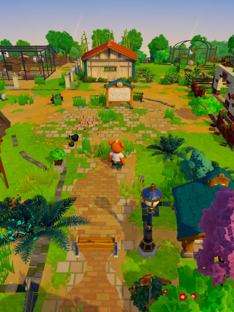 A teddy walks a brick path through a Rescue Zoo coming back to life: a pink tree, an old lamp post, enclosures and the ruins still waiting to be rebuilt