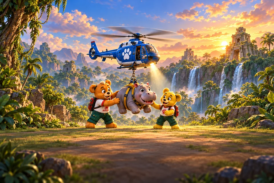 Two teddies guide a young hippo as a rescue helicopter lifts it out of a jungle clearing