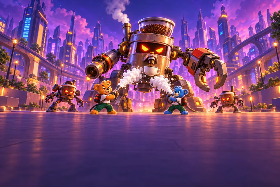 A giant coffee machine robot stomps down a purple city street as two teddies get ready to fight it