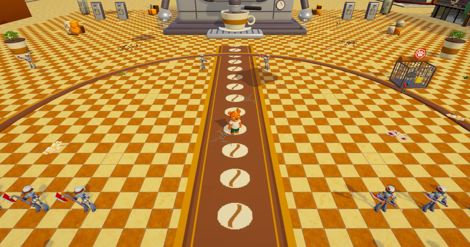 Robots on the checkered square in front of the Evil Coffee Machine's tower