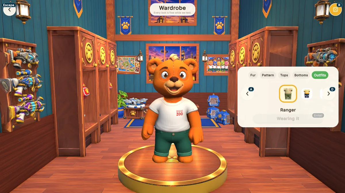 A teddy in a Rescue Zoo t-shirt on a gold platform in the wooden locker room