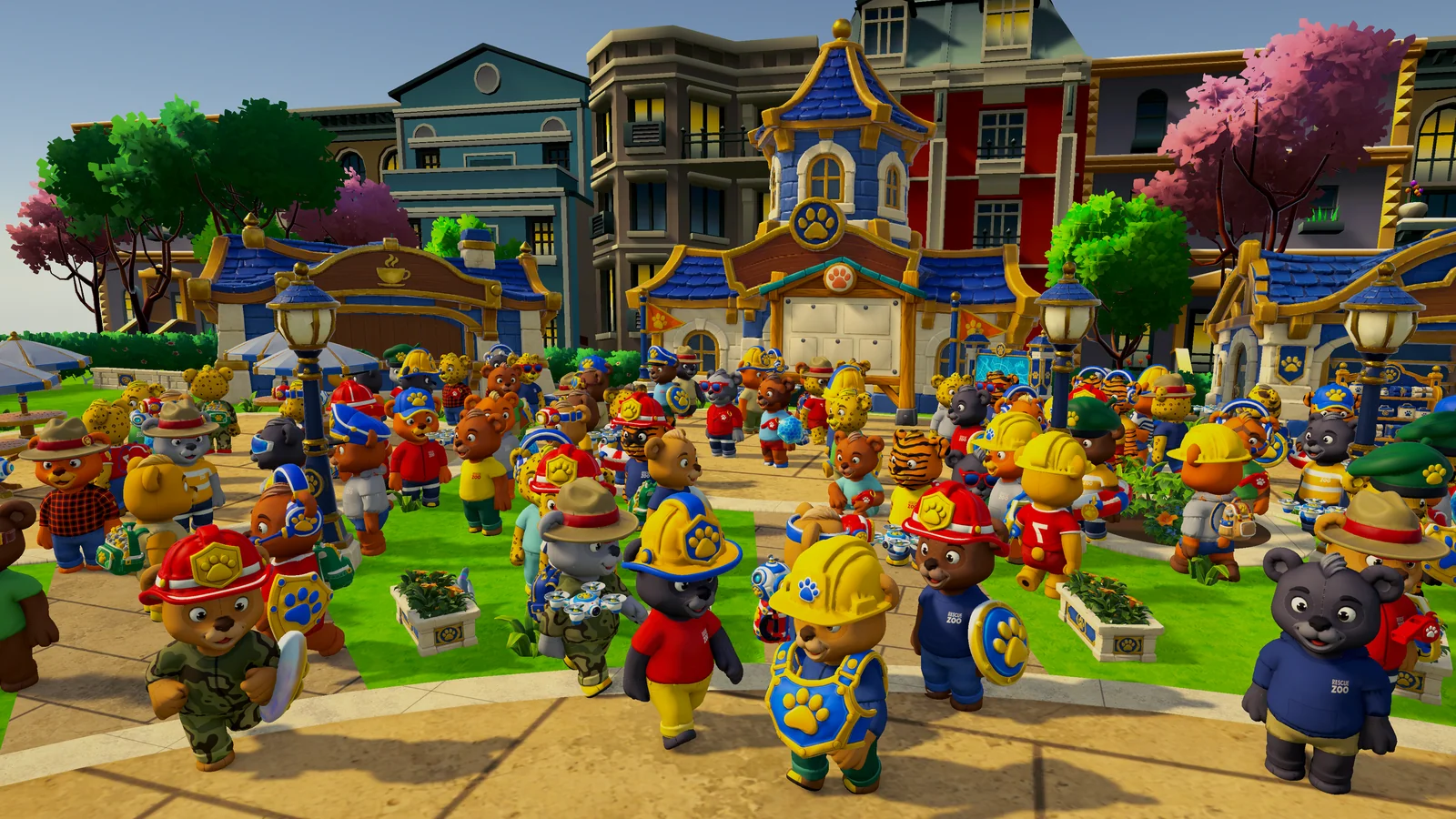 A big crowd of teddies in all kinds of outfits, hats and gear on the square in front of the Rescue HQ