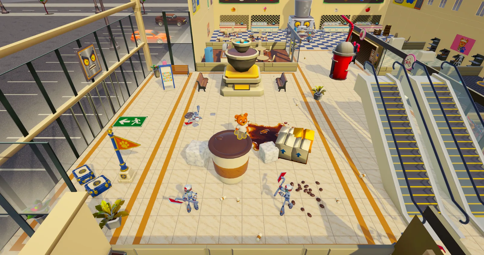A teddy in the mall between robots, escalators and a giant coffee cup