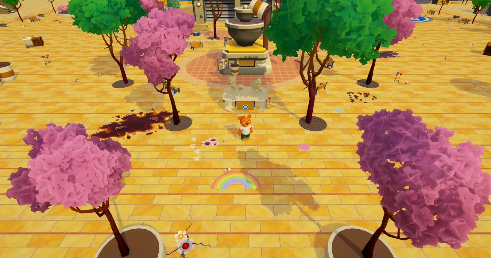 A teddy crossing Paw Plaza between pink trees