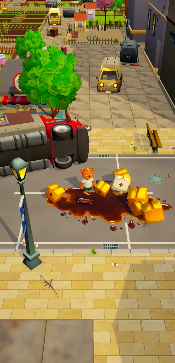 A street in Rescue City on a phone, a tipped-over truck in spilled coffee